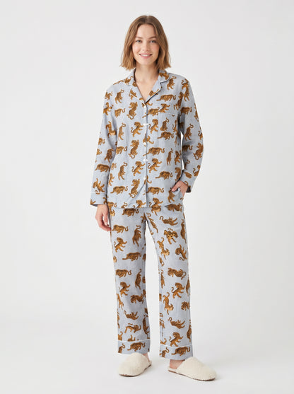 Women’s Smoky Blue Tiger Print Cotton Night Suit Set - Elegant Two Piece Pajama Set