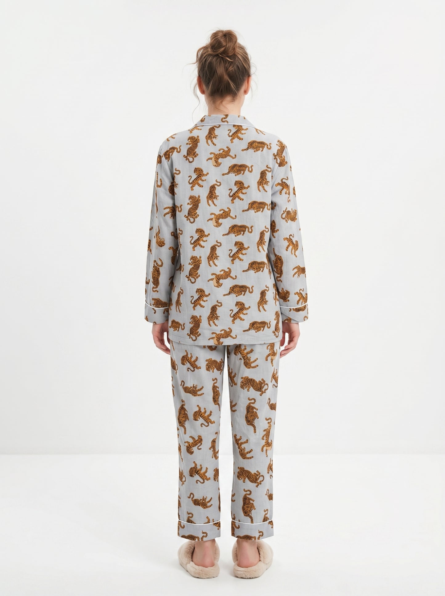 Women’s Smoky Blue Tiger Print Cotton Night Suit Set - Elegant Two Piece Pajama Set