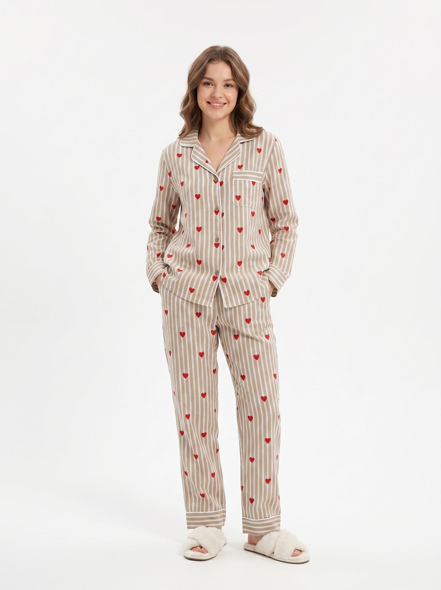 Women's Brown Sugar Hearts Cotton Night Suit Set – Cute Two Piece Pajama Set