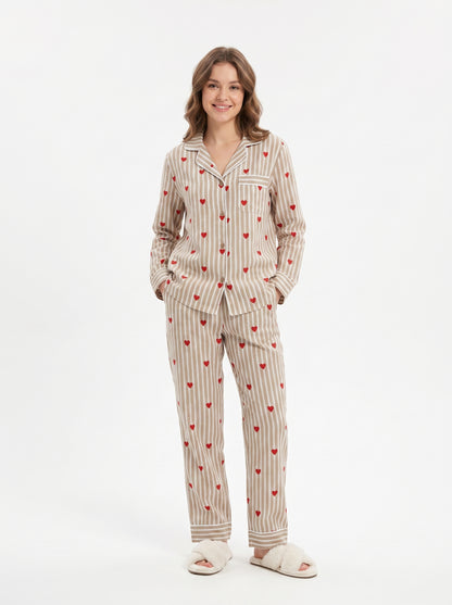 Women's Brown Sugar Hearts Cotton Night Suit Set – Cute Two Piece Pajama Set