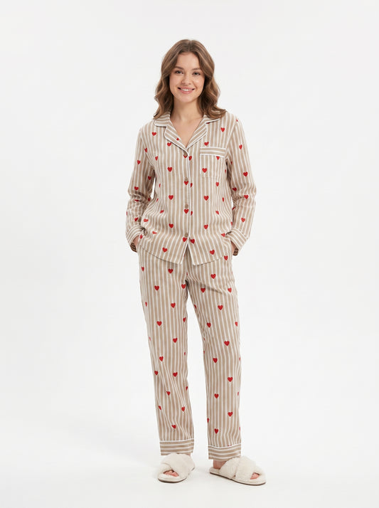 Women's Brown Sugar Hearts Cotton Night Suit Set – Cute Two Piece Pajama Set