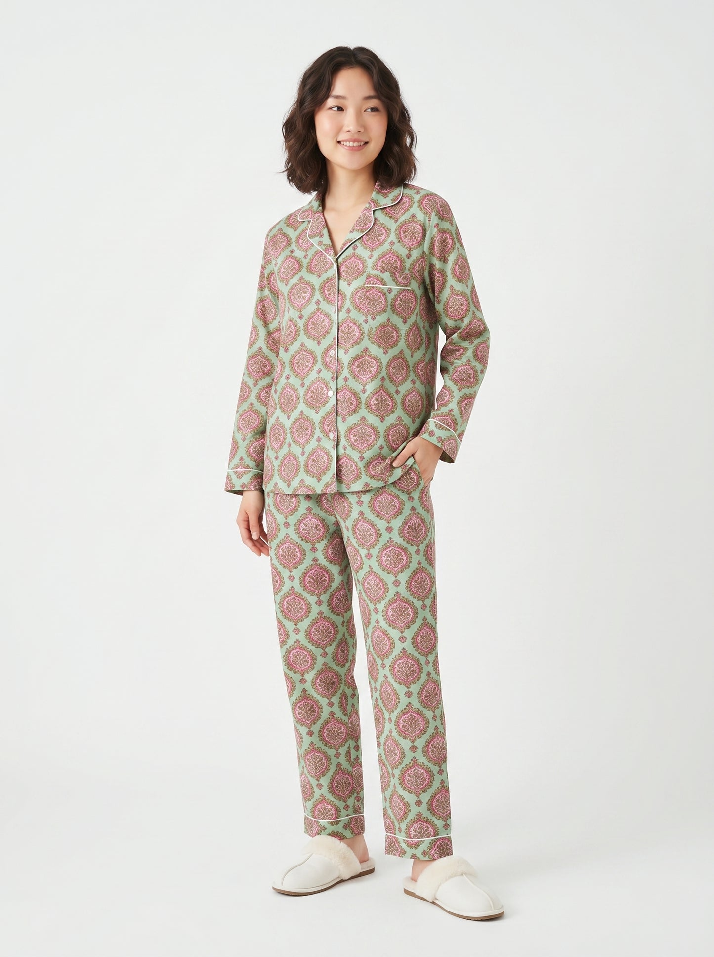 Women's Pastel Green Floral Cotton Night Suit Set – Two Piece Pajama Set