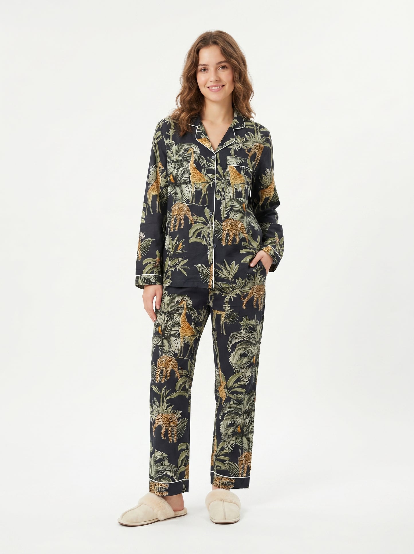 Women's Black Jungle Muse Cotton Night Suit Set – Elegant Two Piece Pajama Set