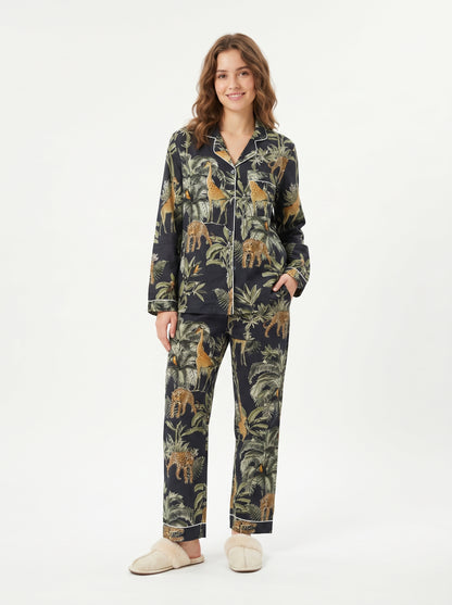 Women's Black Jungle Muse Cotton Night Suit Set – Elegant Two Piece Pajama Set