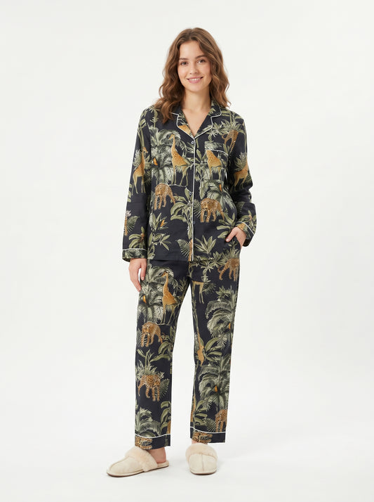 Women's Black Jungle Muse Cotton Night Suit Set – Elegant Two Piece Pajama Set