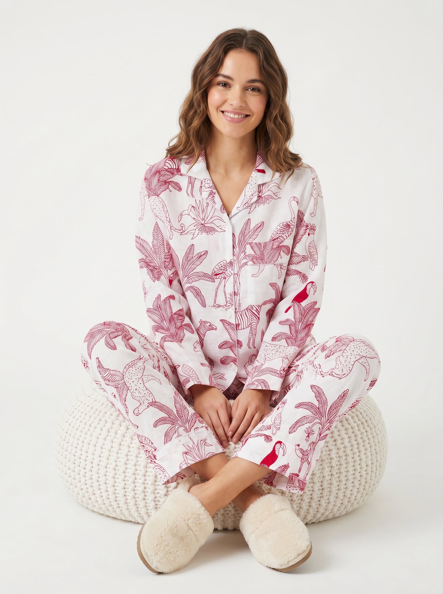 Women's White Pink Jungle Cotton Night Suit Set – Elegant Two Piece Pajama Set