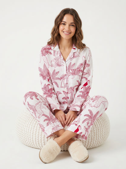 Women's White Pink Jungle Cotton Night Suit Set – Elegant Two Piece Pajama Set
