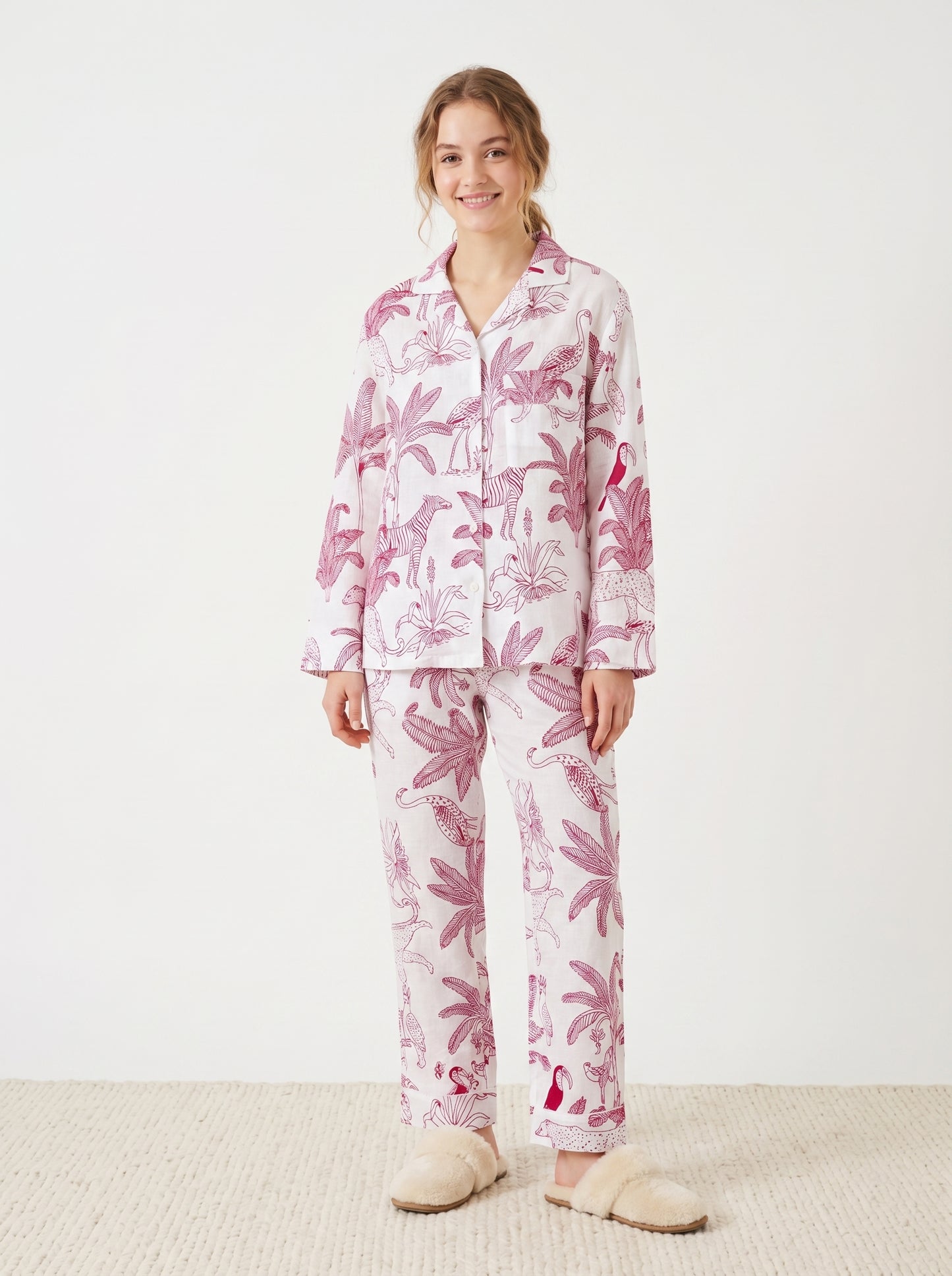 Women's White Pink Jungle Cotton Night Suit Set – Elegant Two Piece Pajama Set