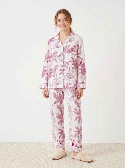 Women's White Pink Jungle Cotton Night Suit Set – Elegant Two Piece Pajama Set