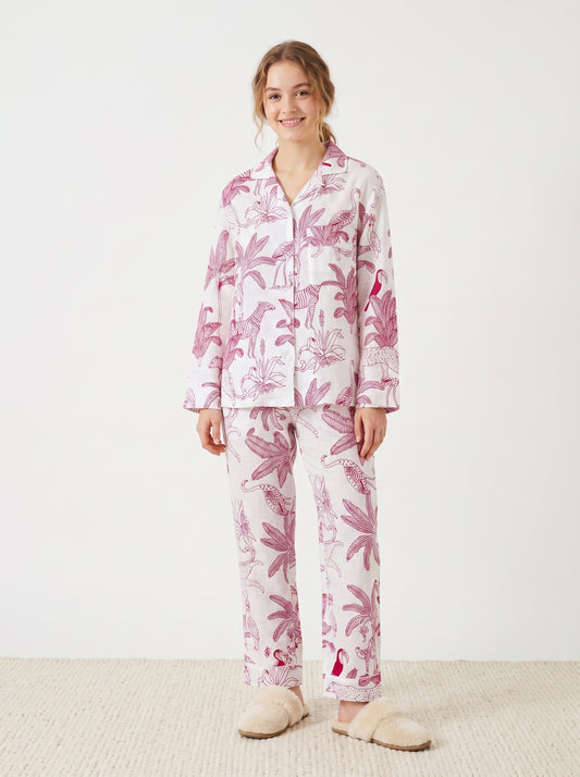 Women's White Pink Jungle Cotton Night Suit Set – Elegant Two Piece Pajama Set