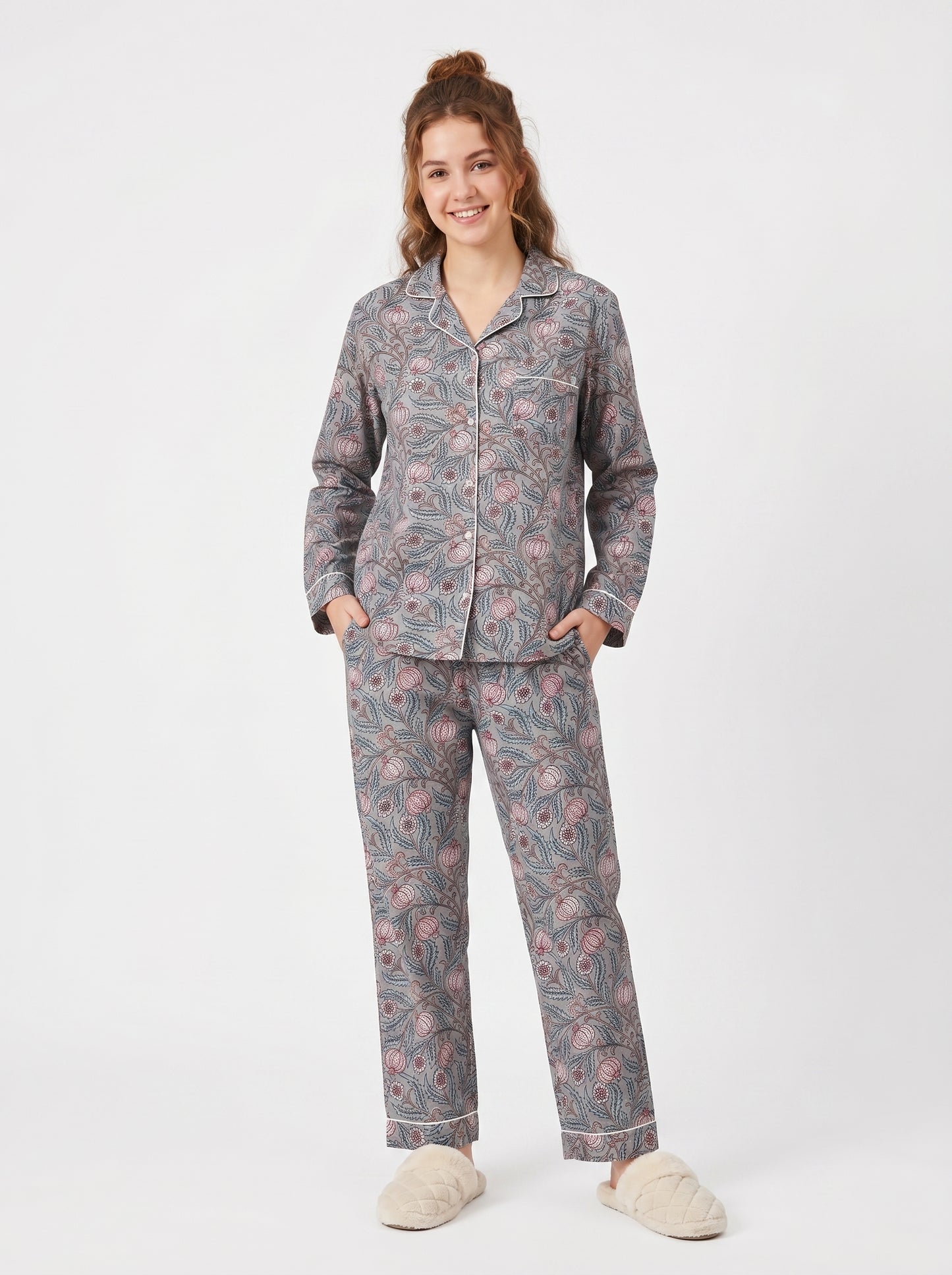 Women’s Grey Floral Cotton Night Suit Set– Cute Two Piece Pajama Set