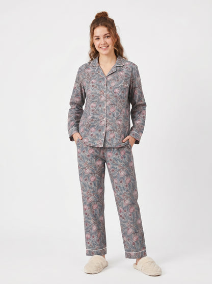 Women’s Grey Floral Cotton Night Suit Set– Cute Two Piece Pajama Set