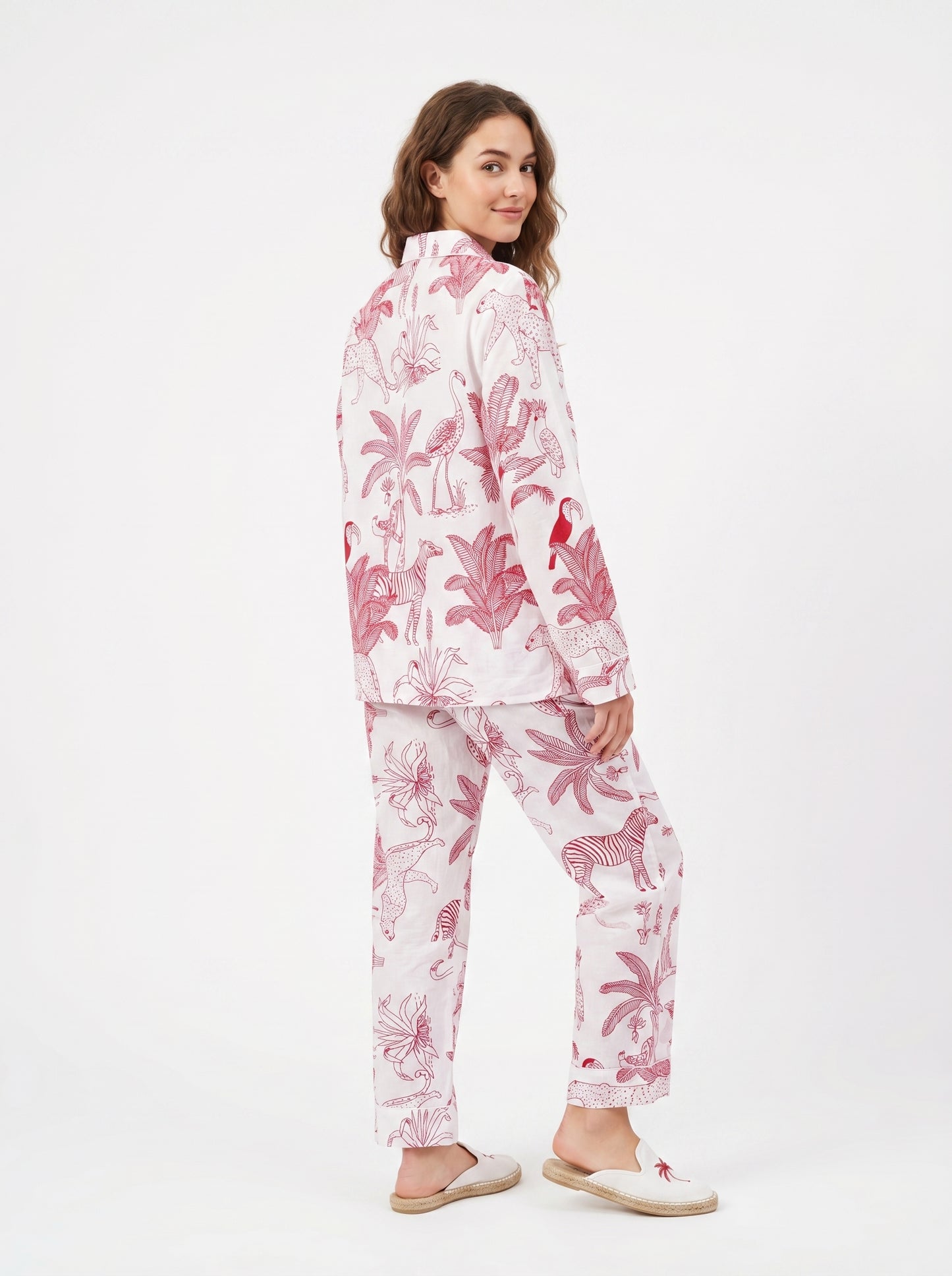 Women's White Pink Jungle Cotton Night Suit Set – Elegant Two Piece Pajama Set