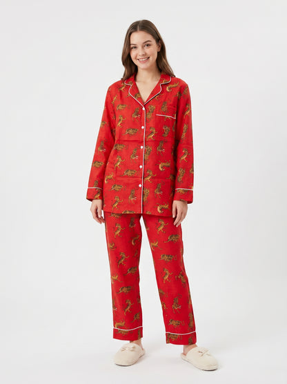 Women's Red Tiger Dreams Cotton Night Suit Set – Elegant Two Piece Pajama Set