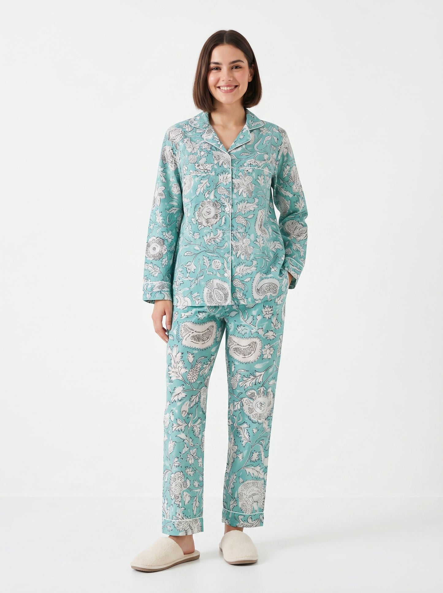 Women’s Mint Blue Cotton Night Suit Set - Elegant Two Piece Pajama Set