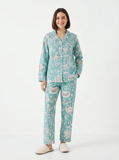 Women’s Mint Blue Cotton Night Suit Set - Elegant Two Piece Pajama Set