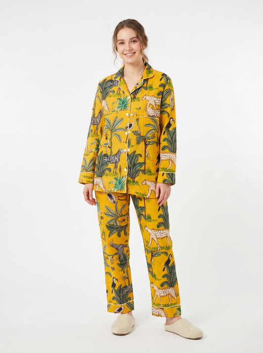 Women's Yellow Safari Print Cotton Night Suit Set – Elegant Two Piece Pajama Set