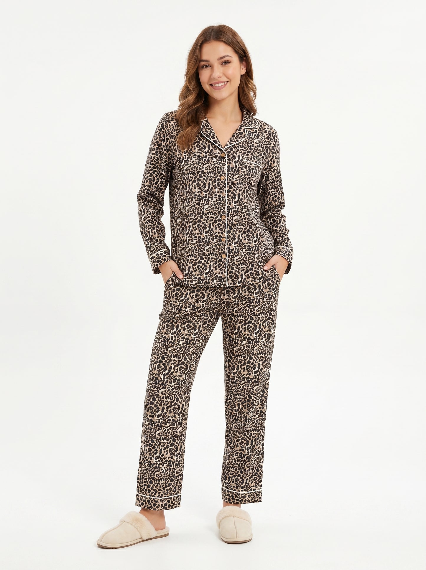 Women's Wild Brown Cheetah Nights Cotton Night Suit Set – Elegant Two Piece Pajama Set