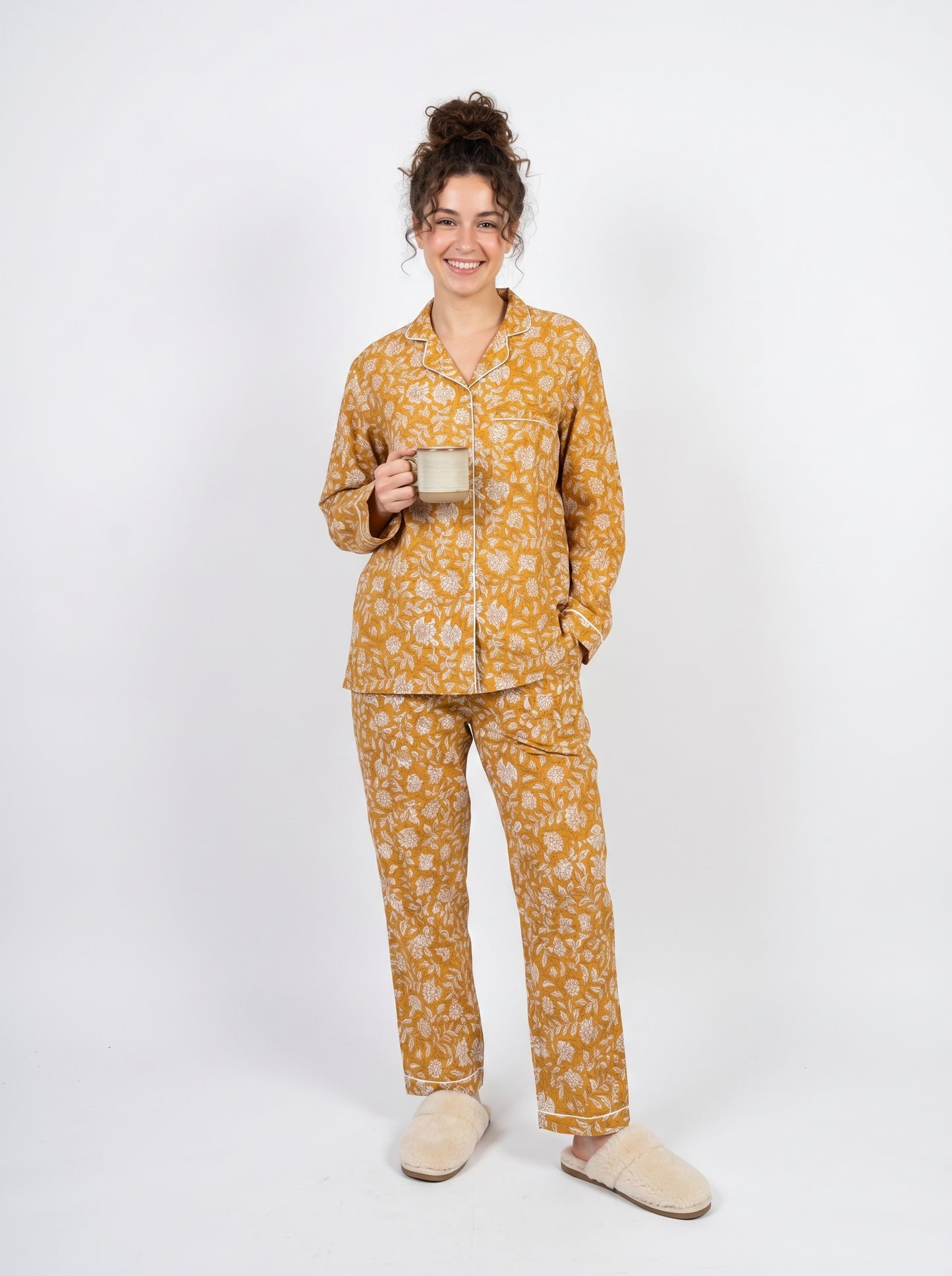 Women's Sun-Kissed Yellow Blooms Cotton Night Suit Set – Elegant Two Piece Pajama Set