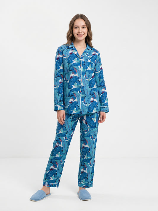 Women’s Blue Azure Leaf Dreams Cotton Night Suit Set – Cute Two Piece Pajama Set