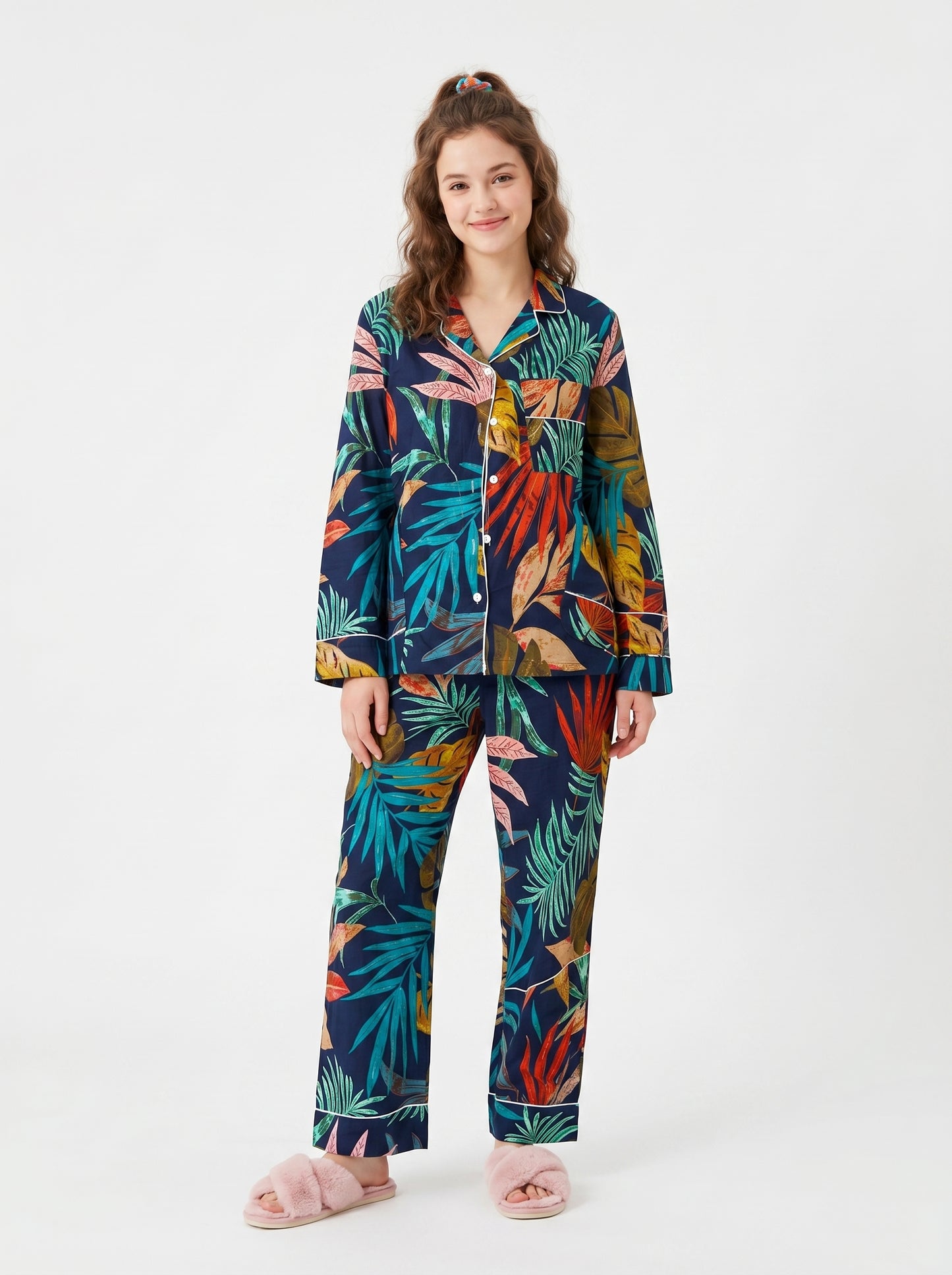 Women's Black Tropical Cotton Night Suit Set – Elegant Two Piece Pajama Set