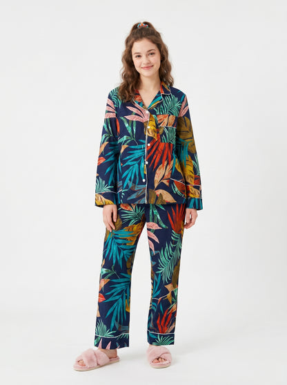 Women's Black Tropical Cotton Night Suit Set – Elegant Two Piece Pajama Set