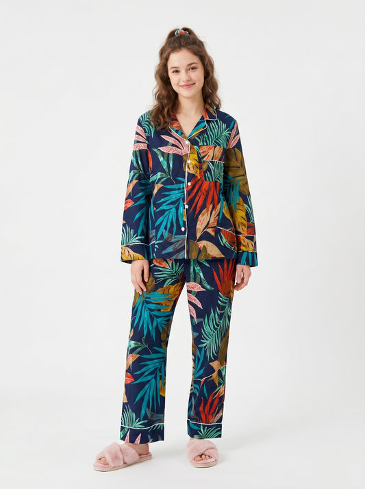 Women's Black Tropical Cotton Night Suit Set – Elegant Two Piece Pajama Set