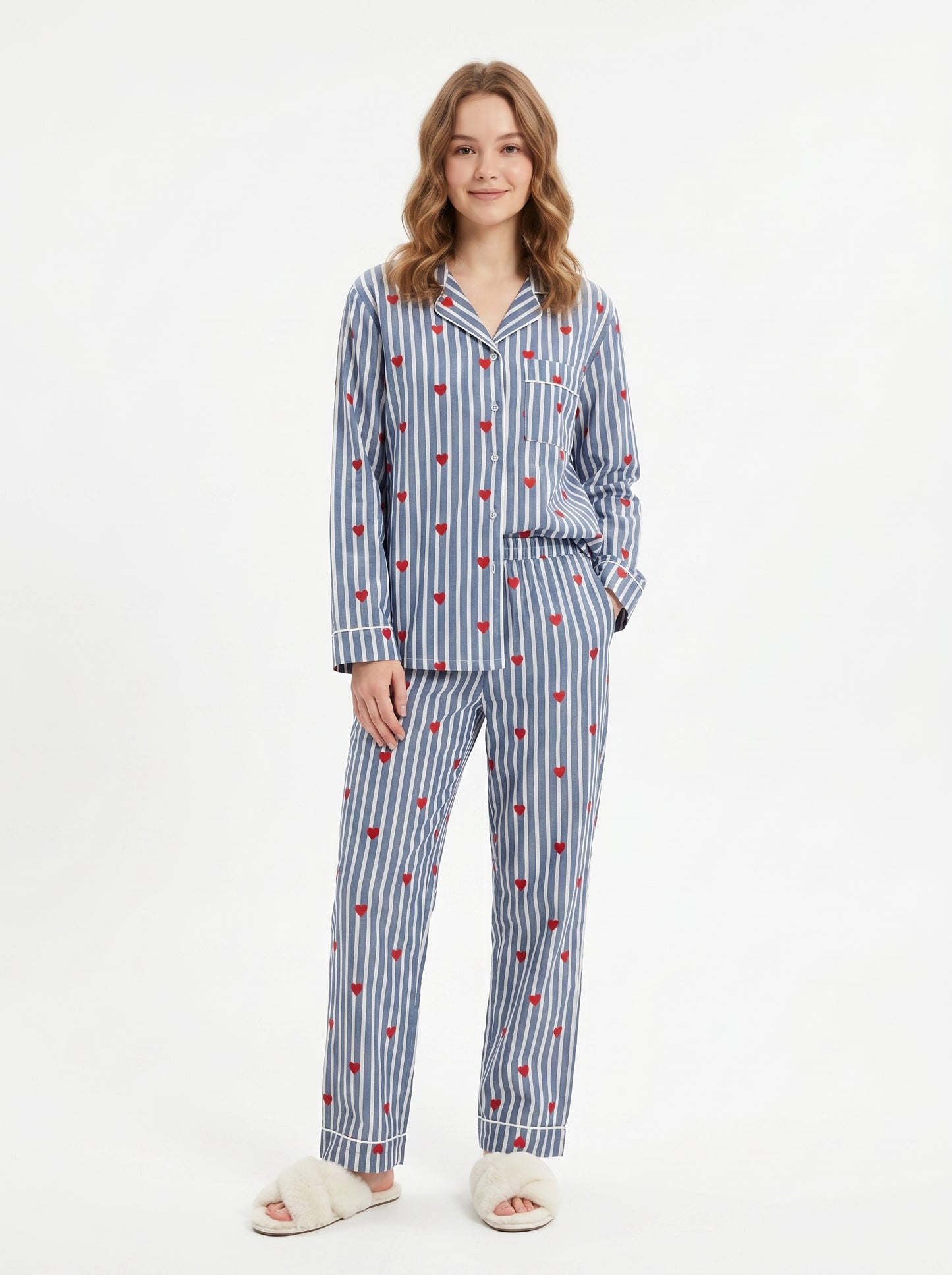 Women’s Grey Hearts Cotton Night Suit Set – Elegant Two Piece Pajama Set