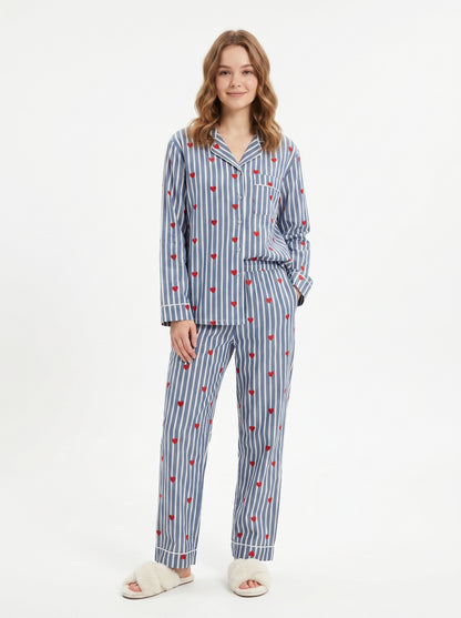 Women’s Grey Hearts Cotton Night Suit Set – Elegant Two Piece Pajama Set