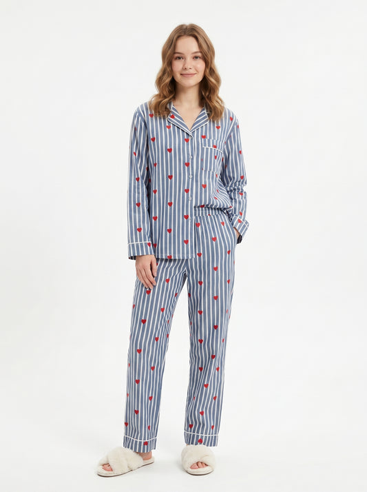 Women’s Grey Hearts Cotton Night Suit Set – Elegant Two Piece Pajama Set