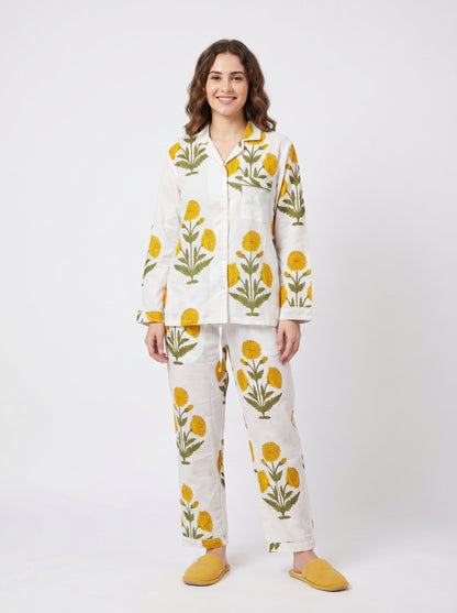 Women’s Yellow Bloom Delight Print Cotton Night Suit Set - Elegant Two Piece Pajama Set