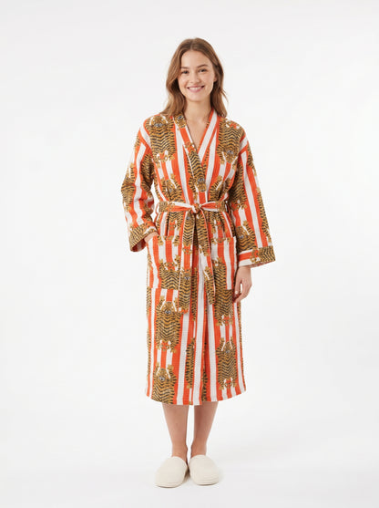 Bold Orange & White Stripe Tiger Waffle Bathrobe – Luxury Spa Robe