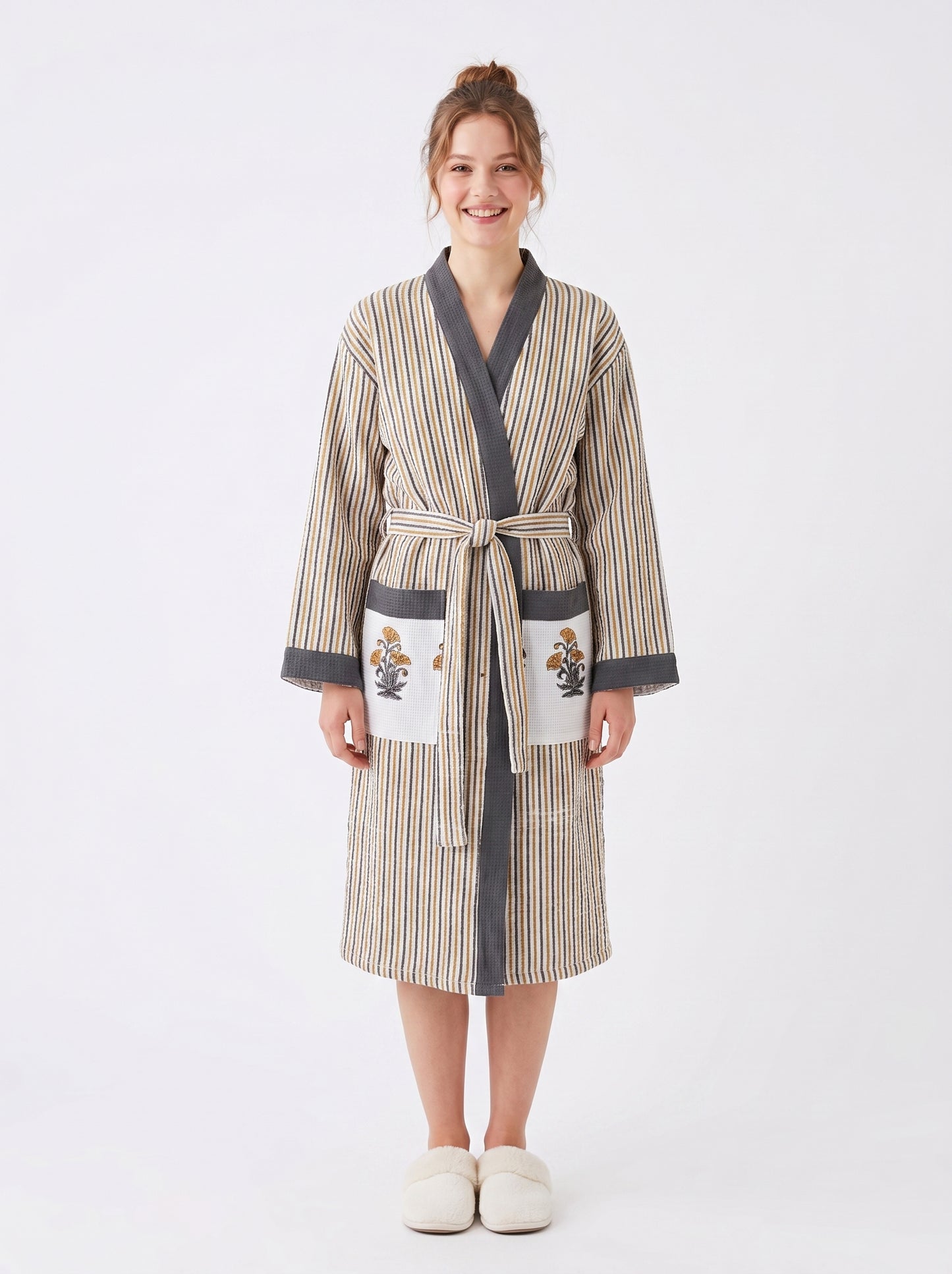 Sunshine Yellow Floral Striped Handblock Cotton Waffle Bathrobe –Luxury Spa Robe