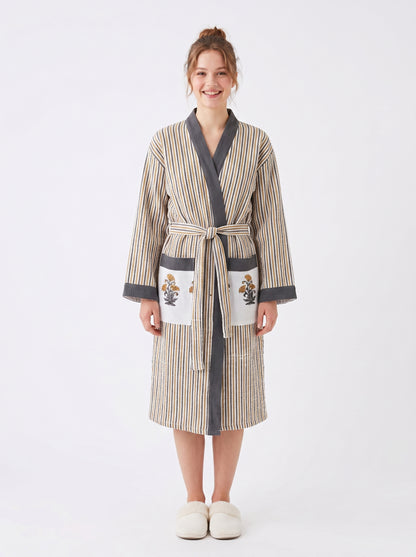 Sunshine Yellow Floral Striped Handblock Cotton Waffle Bathrobe –Luxury Spa Robe