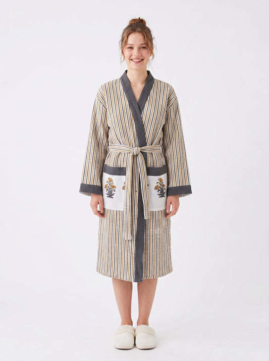 Sunshine Yellow Floral Striped Handblock Cotton Waffle Bathrobe –Luxury Spa Robe