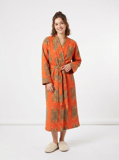 Bold Orange Tiger Tango Waffle Bathrobe – Luxury Spa Robe