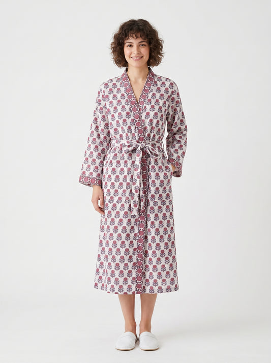 Blush Pink Mini Floral Handblock Waffle Bathrobe – Luxury Spa Robe