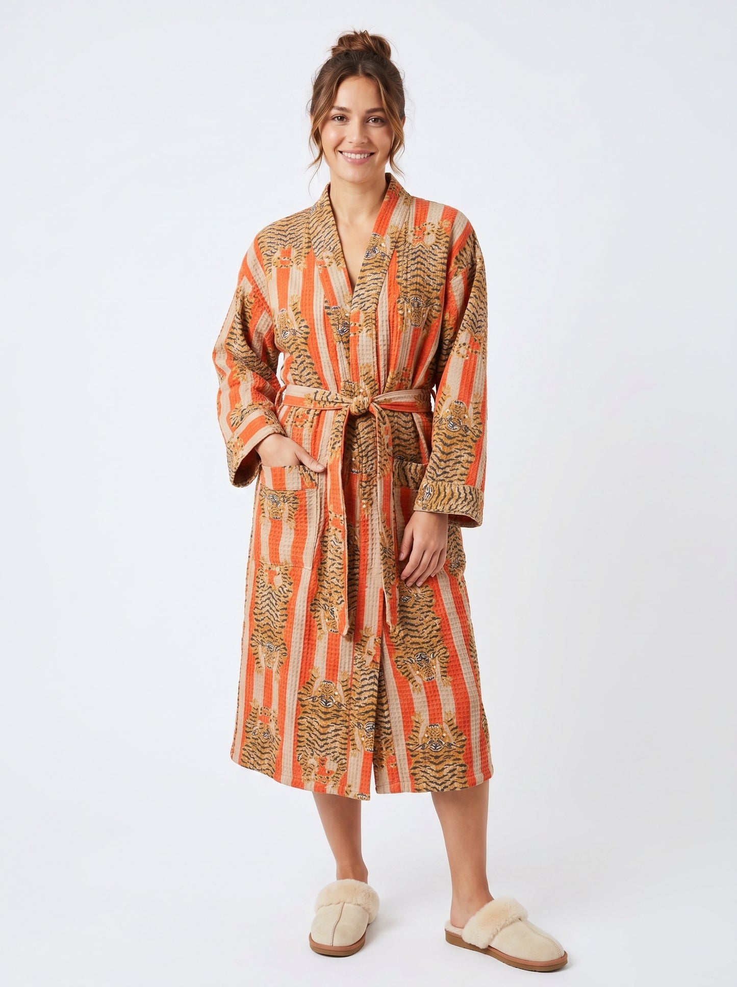 Bold Orange & Off-White Stripe Tiger Waffle Bathrobe – Luxury Spa Robe