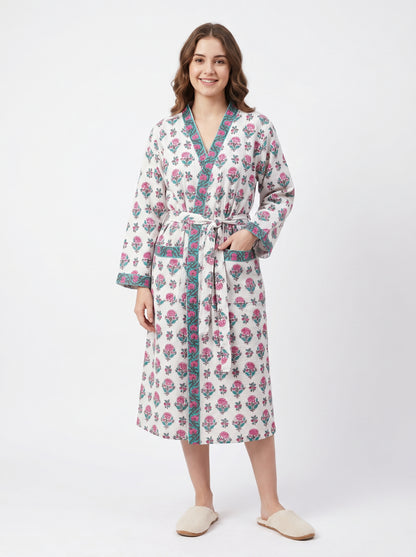 Petal White Comfort Handblock Waffle Bathrobe – Luxury Spa Robe