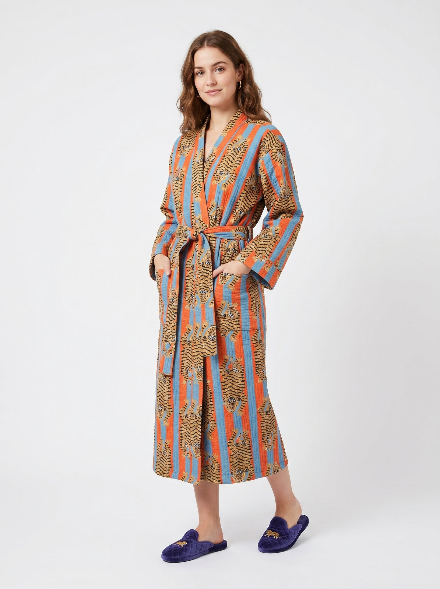 Bold Orange & Blue Stripe Tiger Waffle Bathrobe – Luxury Spa Robe