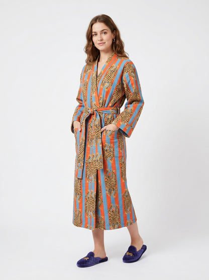 Bold Orange & Blue Stripe Tiger Waffle Bathrobe – Luxury Spa Robe