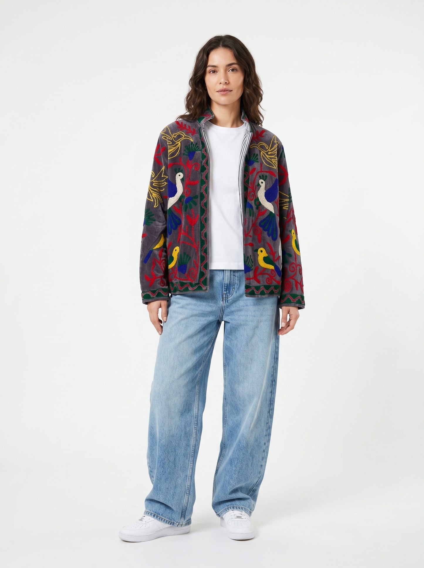 Women's Peacock Suzani Reversible Velvet Jacket – Artistic Embroidered Statement Jacket