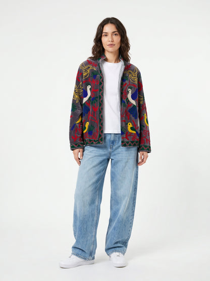 Women's Peacock Suzani Reversible Velvet Jacket – Artistic Embroidered Statement Jacket