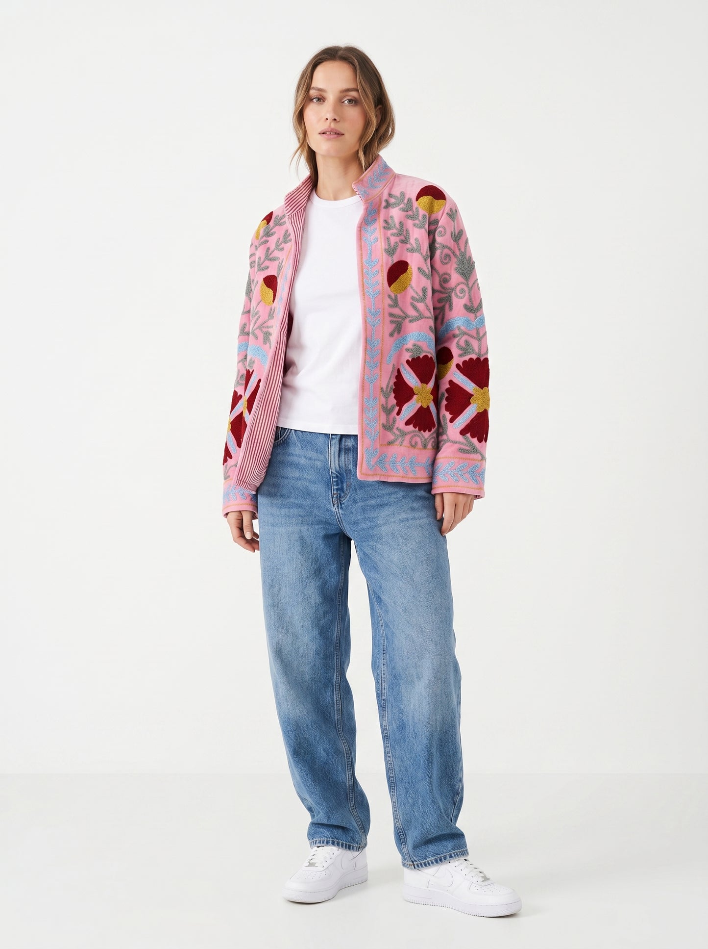 Women's Pink Bloom Suzani Reversible Velvet Jacket – Artistic Embroidered Statement Jacket