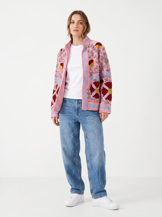 Women's Pink Bloom Suzani Reversible Velvet Jacket – Artistic Embroidered Statement Jacket