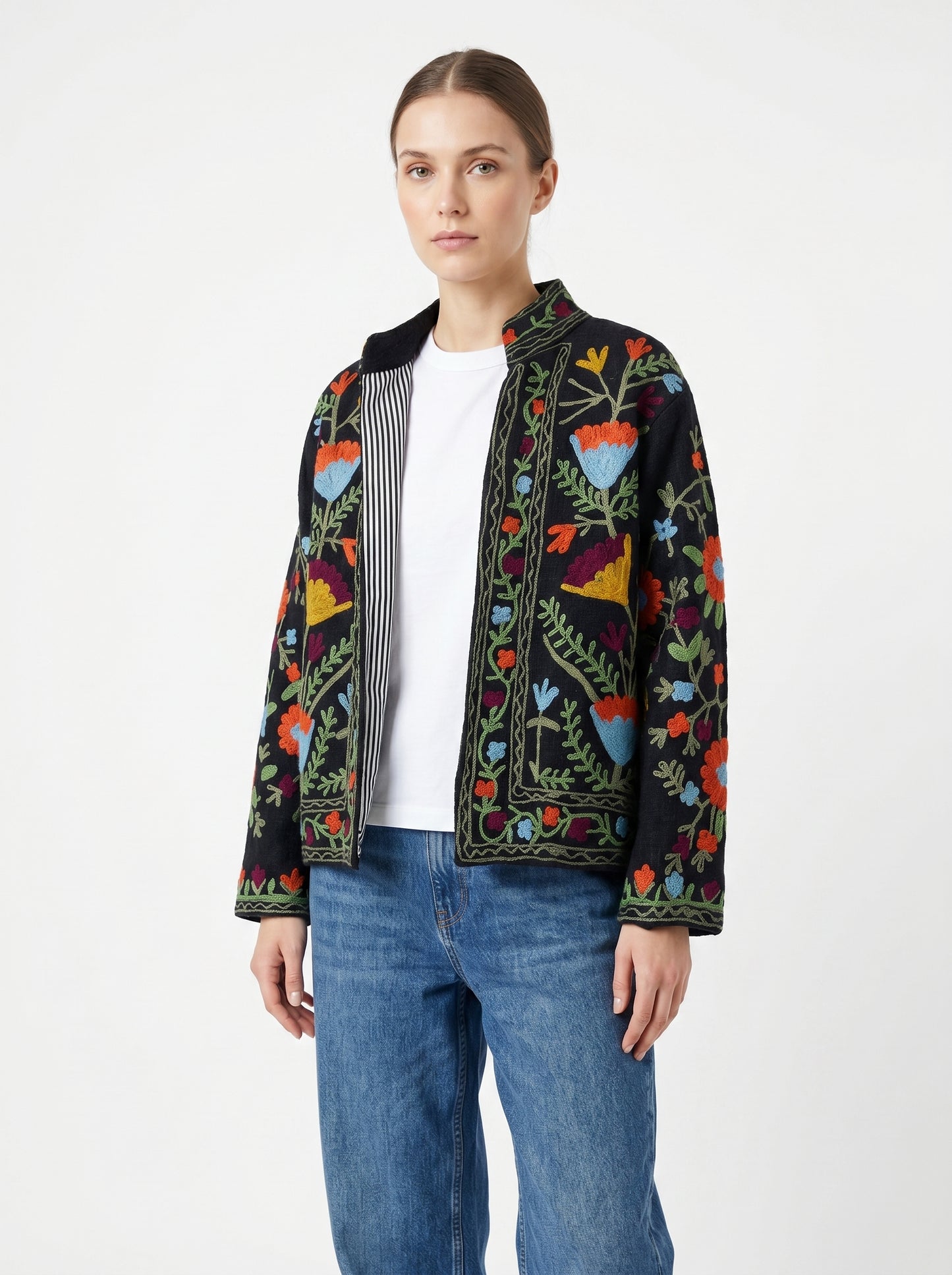 Women's Black Floral Suzani Reversible Velvet Jacket – Artistic Embroidered Statement Jacket