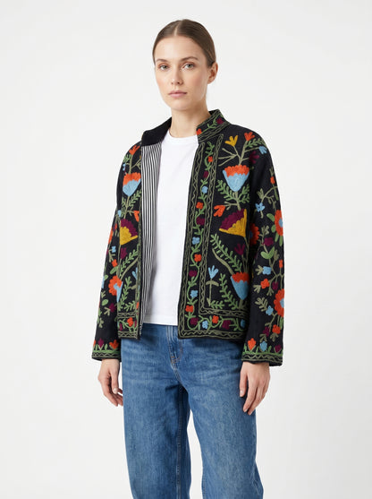 Women's Black Floral Suzani Reversible Velvet Jacket – Artistic Embroidered Statement Jacket