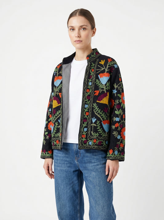 Women's Black Floral Suzani Reversible Velvet Jacket – Artistic Embroidered Statement Jacket
