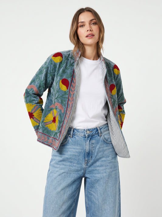 Women's Grey Floral Suzani Reversible Velvet Jacket – Artistic Embroidered Statement Jacket