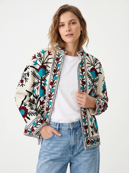 Women's White Floral Suzani Reversible Velvet Jacket – Artistic Embroidered Statement Jacket